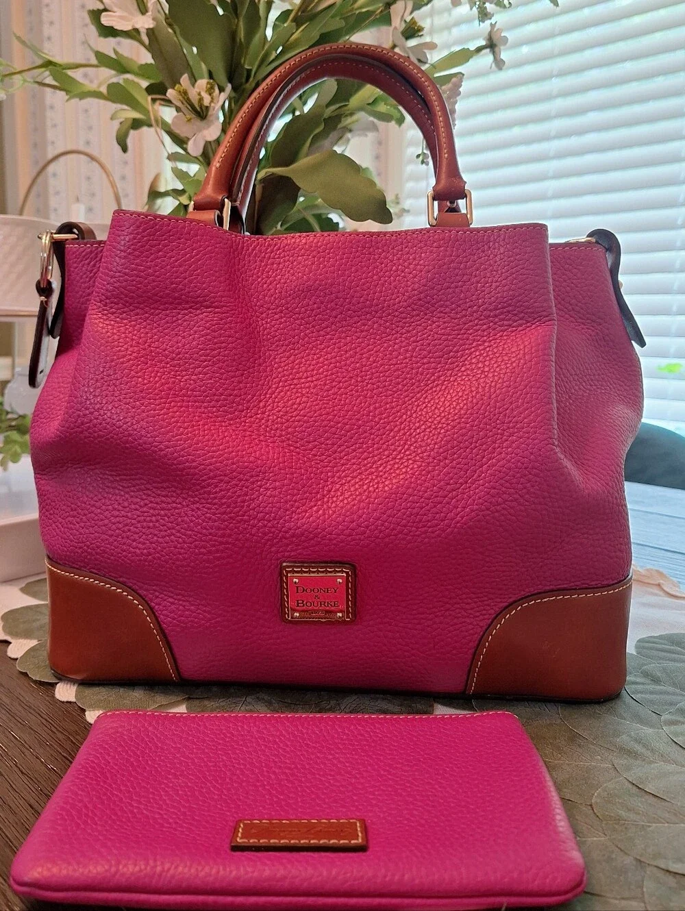 Dooney & Bourke Hot Pink Leather Satchel with Brown Trim